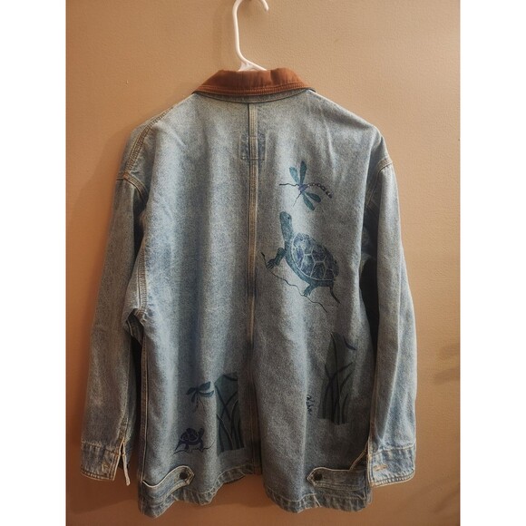 Vintage Adobe Designs Denim Jean Jacket Artsy Turtle Fish Rust Collared Size M - Picture 9 of 10